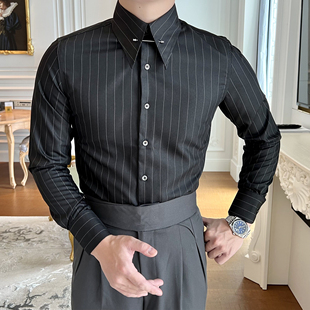 意式 摩摹休闲免烫长袖 男士 衬衫 商务绅士帝国领衬衣男 百搭条纹修身