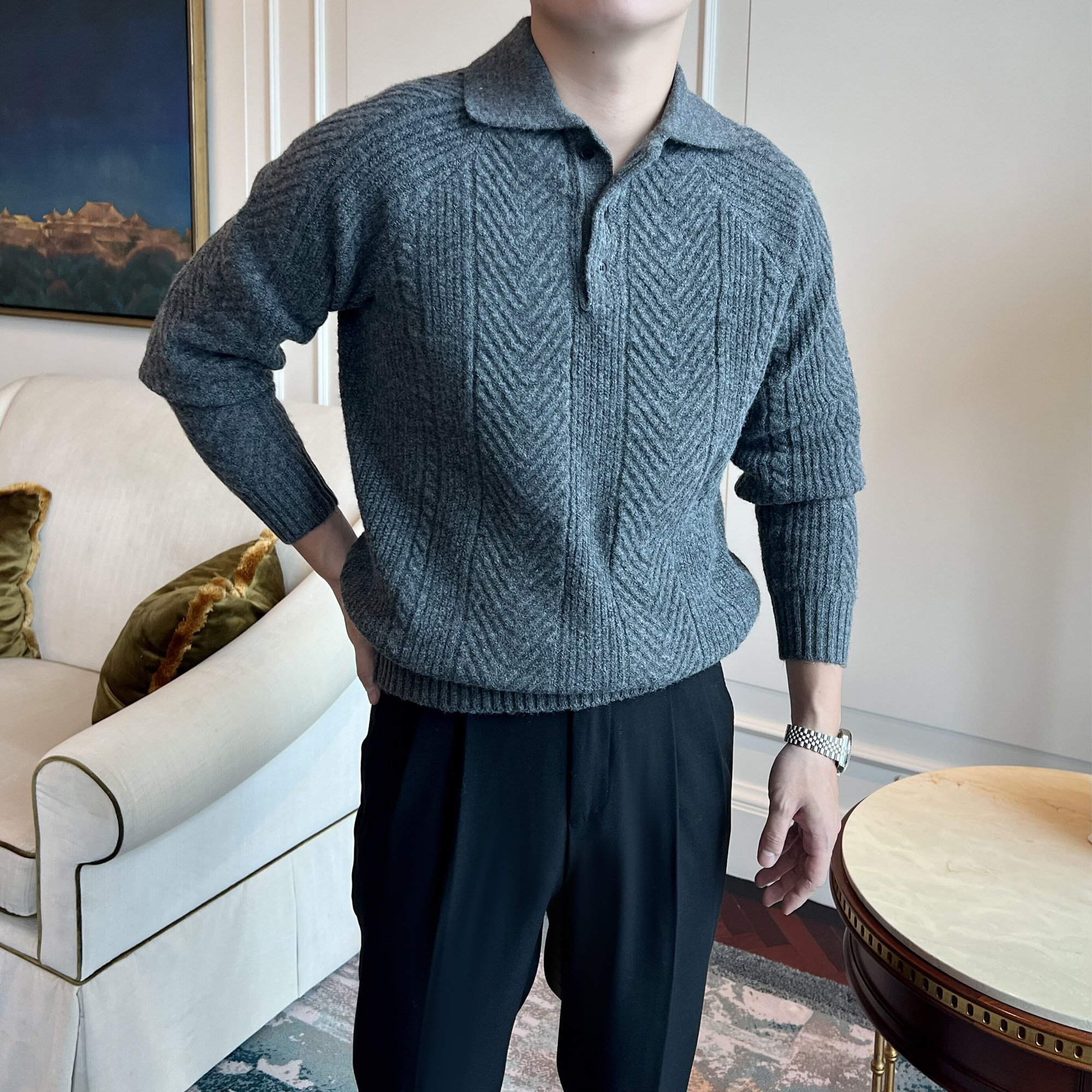 【羊毛混纺】秋冬休闲长袖翻领毛衣男复古提花轻熟POLO修身针织衫,男装,针织衫/毛衣,淘宝优惠券,粉丝福利购,淘宝优惠卷