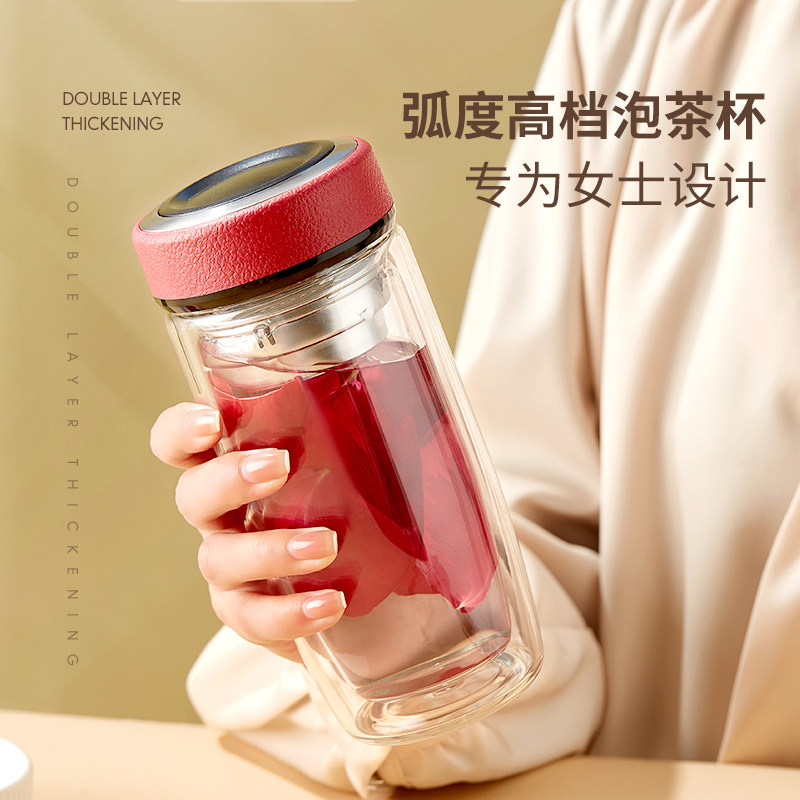 双层隔热玻璃水杯办公室女网红高颜值带盖便携高档泡花茶家用杯子