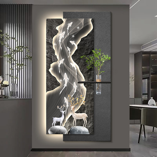 轻奢九鱼图玄关装饰画寓意好走廊过道尽头挂画入户正对门灯光壁画