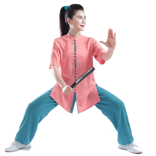 夏季新品太极服短袖男女棉麻中国风武术表演陈英太极拳练功服装