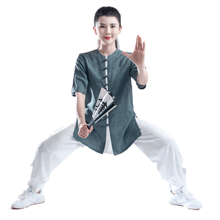 亚麻太极服2025夏季无领短袖男女新款武术表演太极拳练功服装陈英