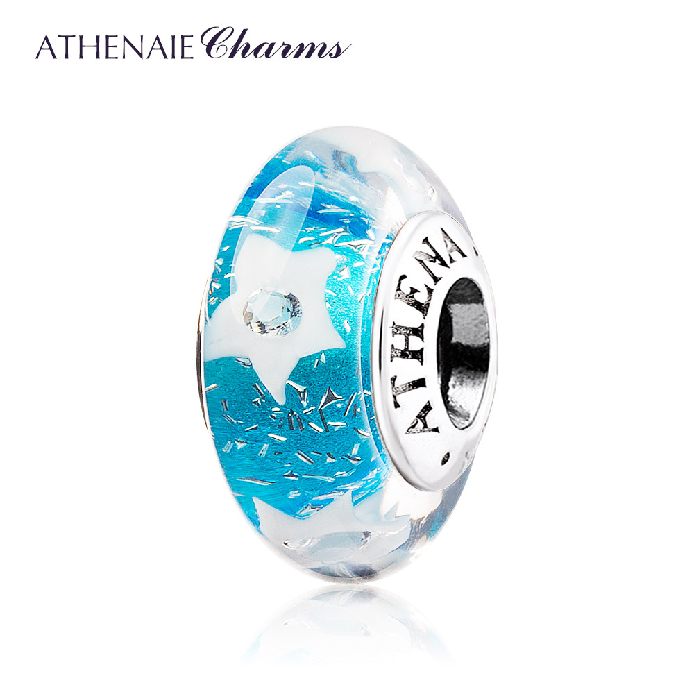 ATHENAIE蓝色海洋海星亮银拉丝琉璃珠 转运珠搭配手链 送闺蜜女款