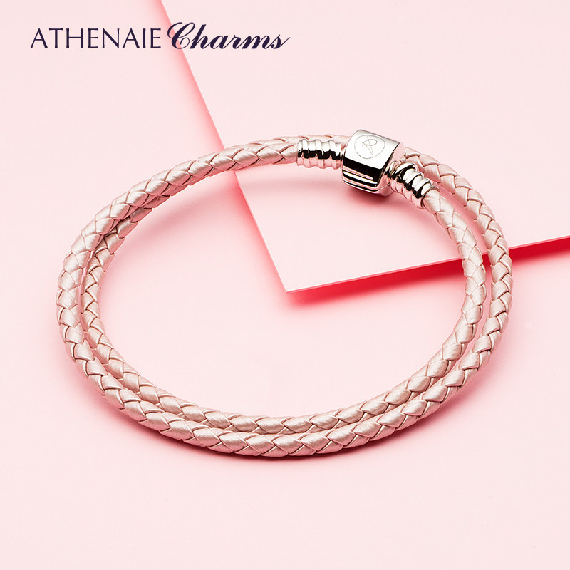ATHENAIE简约款925银锁扣淡粉色双绕编织皮绳手绳DIY串饰情侣手链
