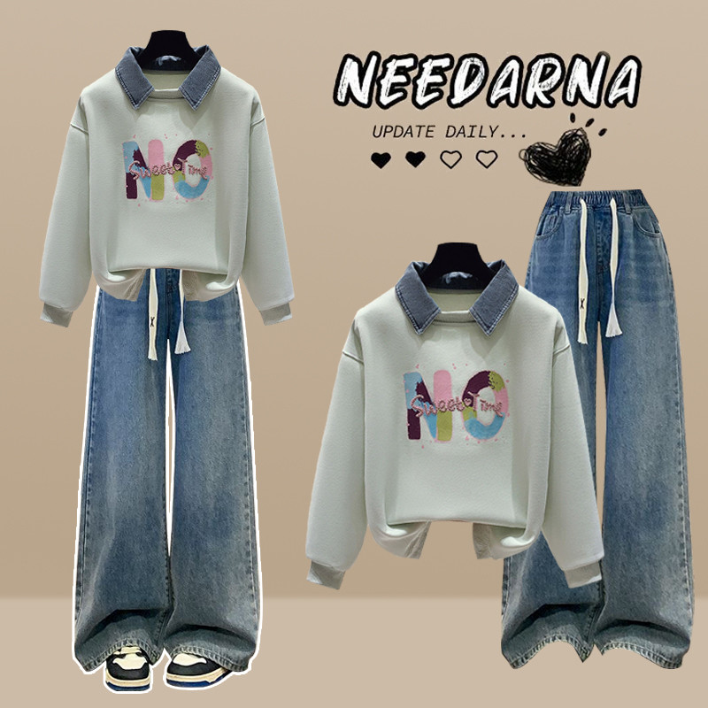 青春活力时尚套装女学生春秋季假两件牛仔领卫衣学院风穿搭一整套