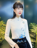 25155早春新款 圆领盘扣国风千里江山刺绣图小众洋打底气衬衫