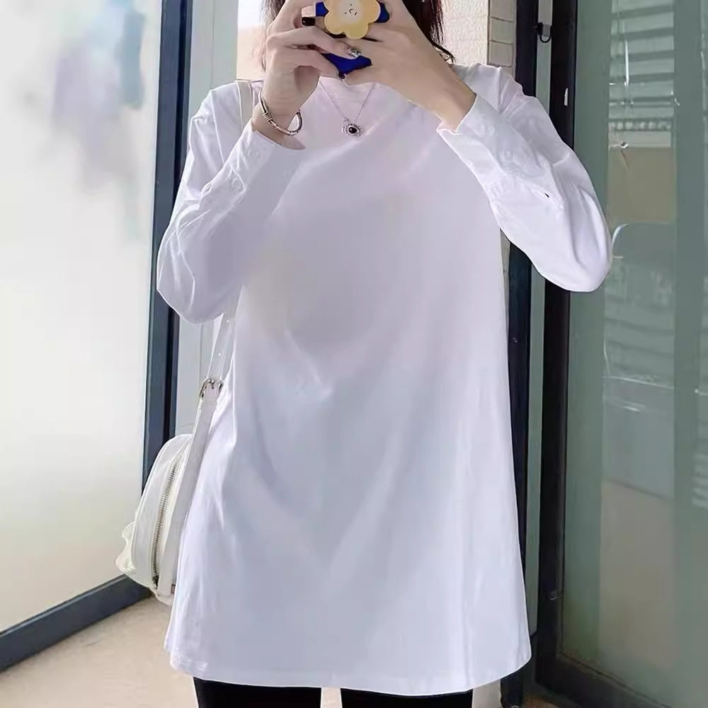 秋新款纯棉磨毛长袖白色T恤女