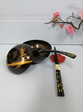 日本山中漆器金箔家用复古尖头防滑筷子勺子套装礼盒汤饭小勺