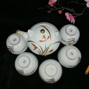 日本进口 皇家御用香兰社茶具套一壶五杯 手绘兰花 金标底款