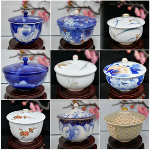 日本进口 皇家御用品牌 深川制 盖碗盖杯青花手绘 玫瑰花牡丹茶杯