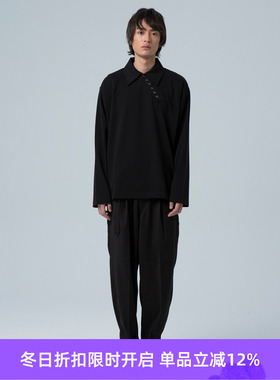 endlessness 错层对拼长袖翻领T恤 长TEE