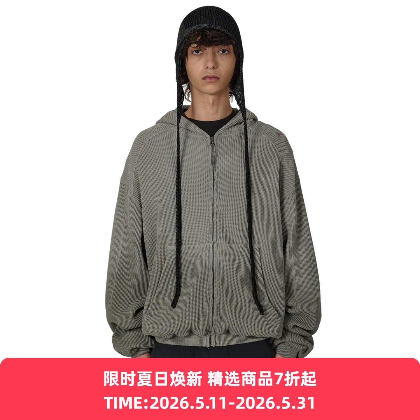 ROA BEE Sun Faded Organic Waffle Zip 做旧水洗有机棉连帽卫衣