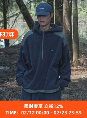 WHEELS and WIND 男女款双面摇粒绒连帽半开套头衫卫衣