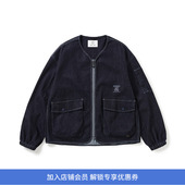 男女中性款 WIND 水洗牛仔机能性耐磨宽松无领夹克外套 and WHEELS