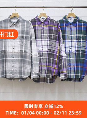 UNUSED FRINGE BIG CHECK SHIRT 水洗做旧流苏拼接格子长袖衬衫