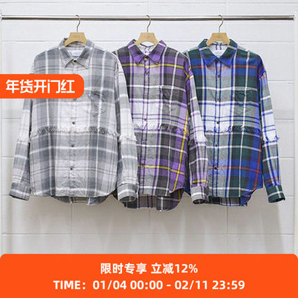 UNUSED FRINGE BIG CHECK SHIRT 水洗做旧流苏拼接格子长袖衬衫