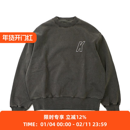 KRIME 深灰色水洗做旧廓形重磅圆领卫衣 CityBoy宽松卫衣