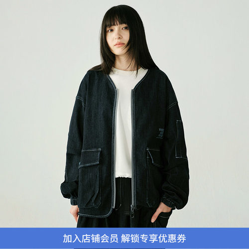 WHEELS and WIND 男女中性款水洗牛仔机能性耐磨宽松无领夹克外套