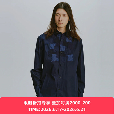 KUON Regular Collar Tux Shirket 古布拼接蓝染长袖衬衫