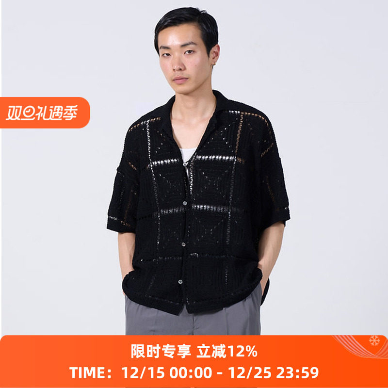 YOKE CROCHET KNIT SHIRT 格子纹理针织短袖衬衫