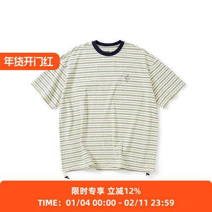 PRIMEE 下摆抽绳廓形条纹短袖圆领T恤