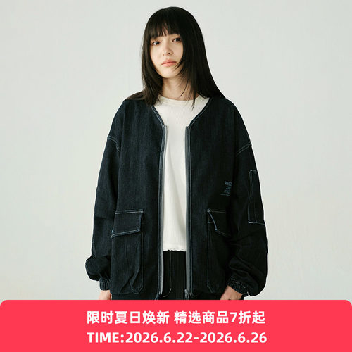 WHEELS and WIND 男女中性款水洗牛仔机能性耐磨宽松无领夹克外套
