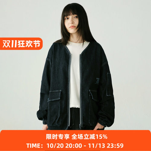 WHEELS and WIND 男女中性款水洗牛仔机能性耐磨宽松无领夹克外套