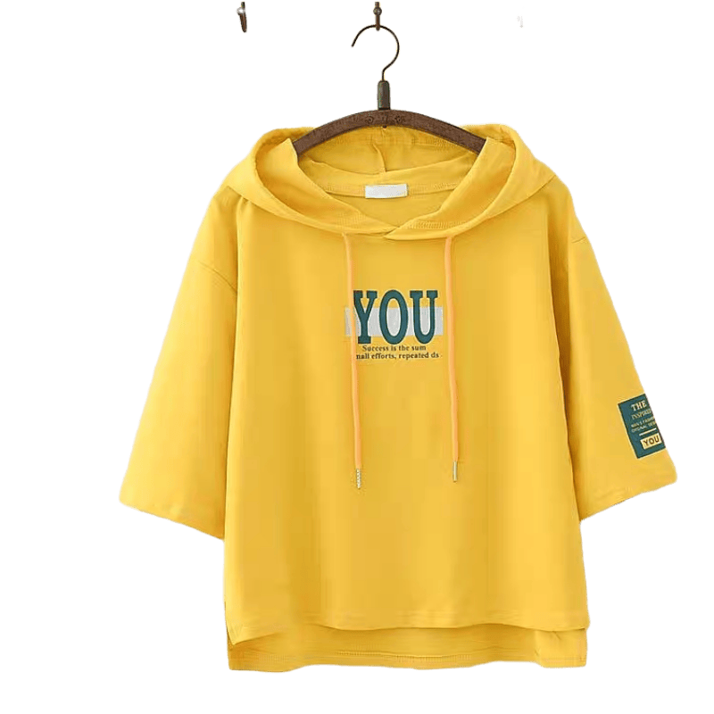 连帽T恤女2025新款夏装韩版棉宽松短款五分袖森女软妹闺蜜上衣 潮