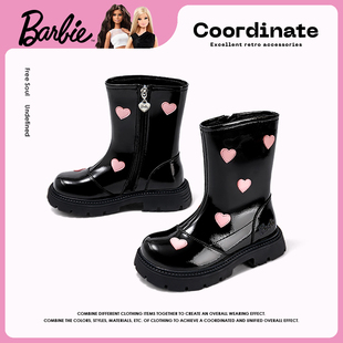 芭比童鞋女童靴子2025新款秋冬加绒二棉皮靴走秀公主靴儿童中筒靴