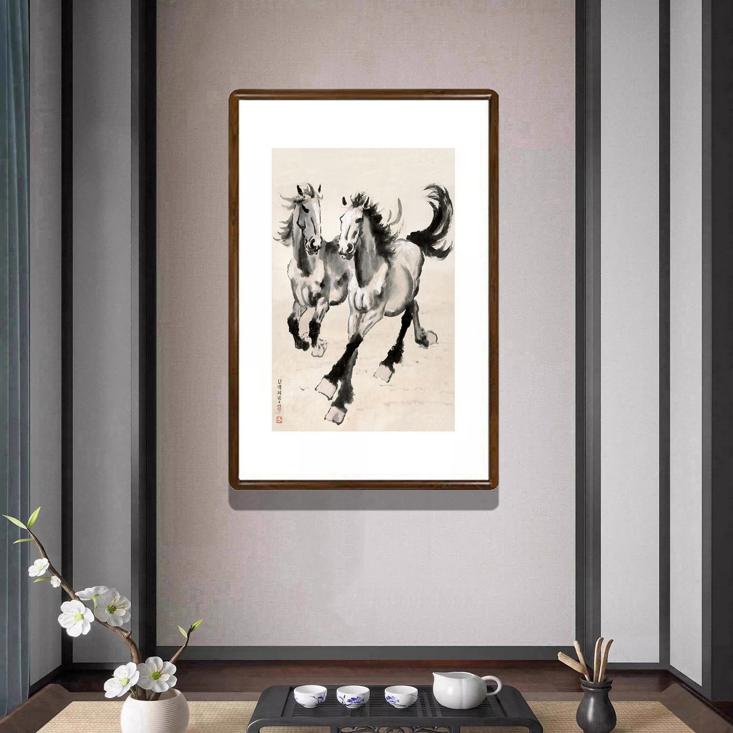 徐悲鸿《双骏图》奔马图挂画新中式装饰画客厅国画办公室玄关壁画