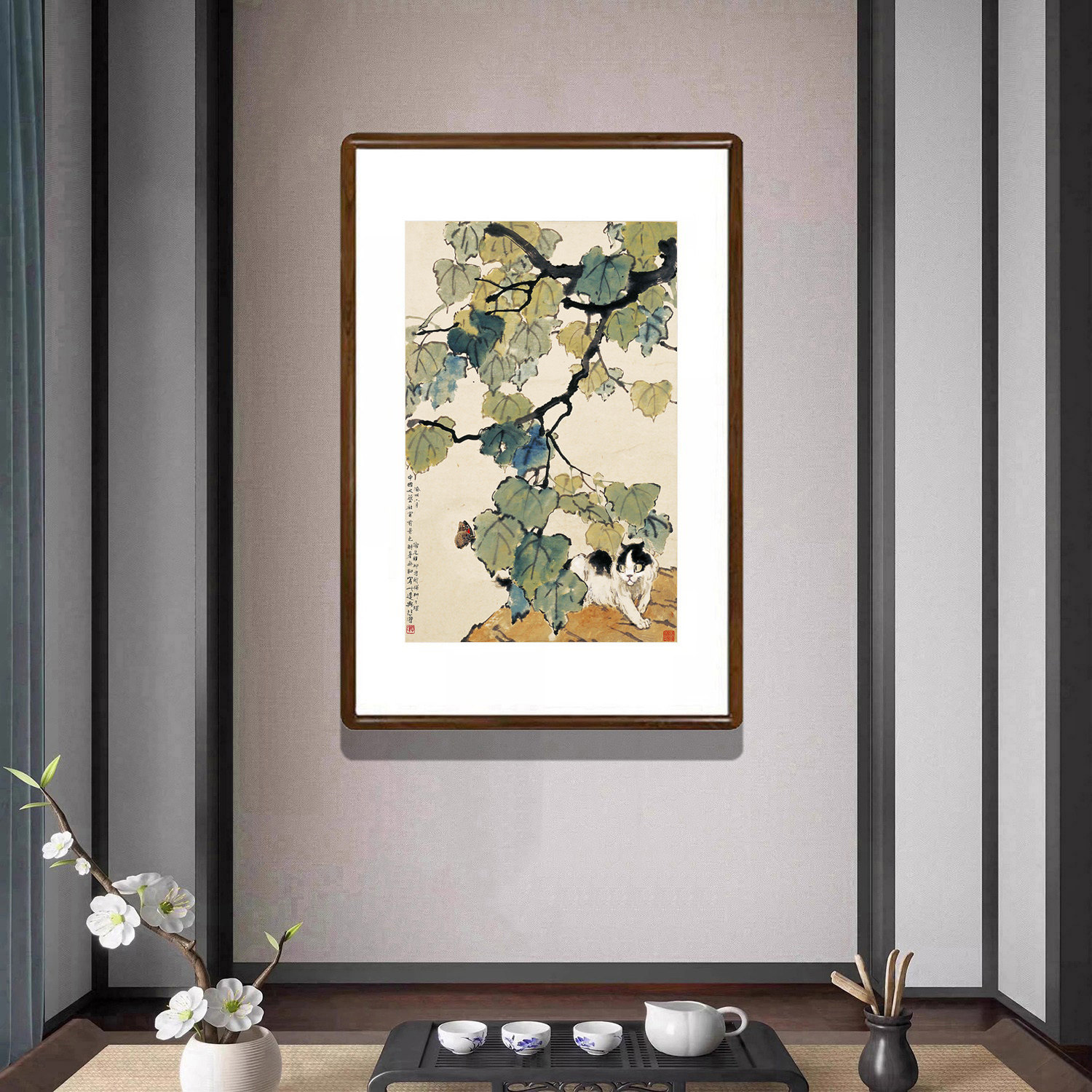 徐悲鸿《梧桐猫蝶图轴》新中式装饰画客厅玄关过道挂画餐厅壁画