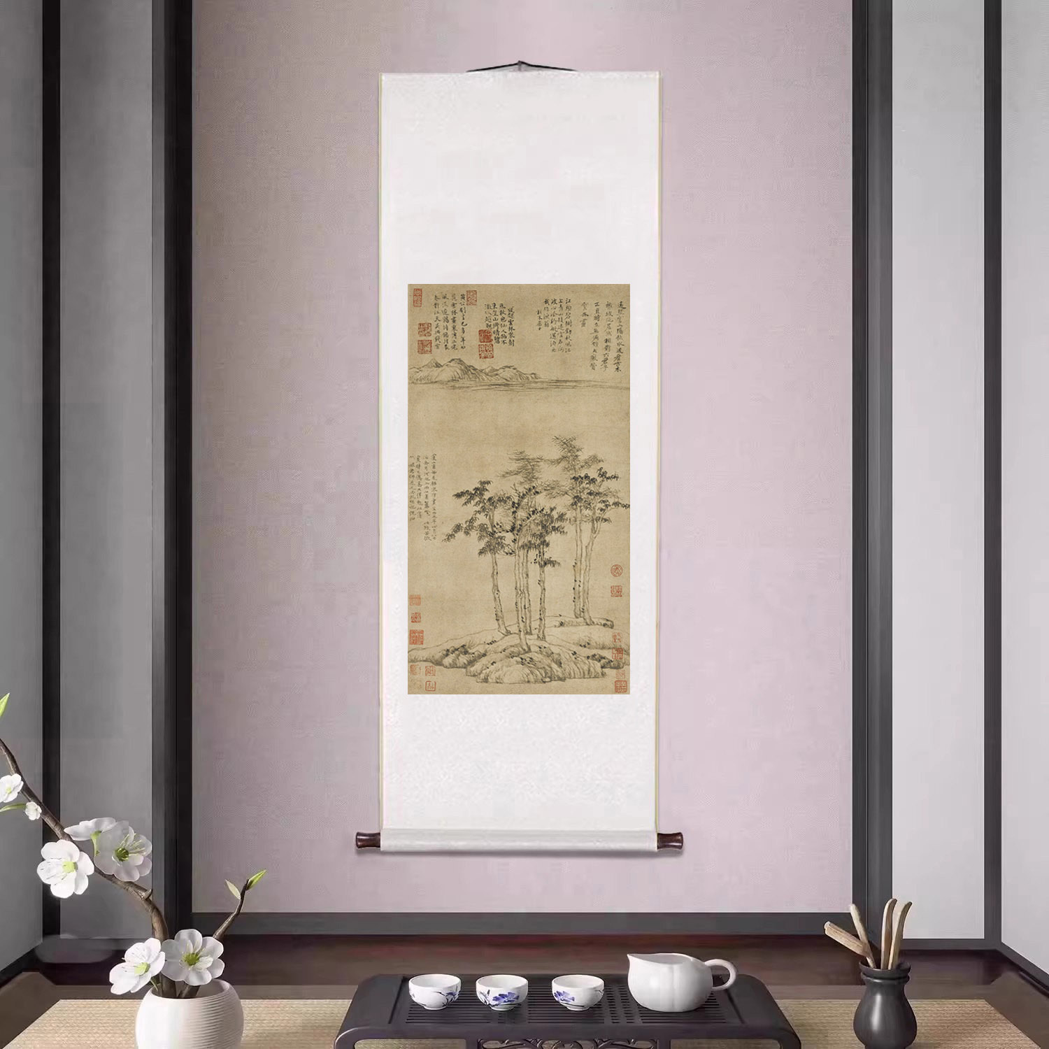 倪瓒六君子图竖版卷轴山水挂画宣纸古画新中式客厅茶室中国风壁画
