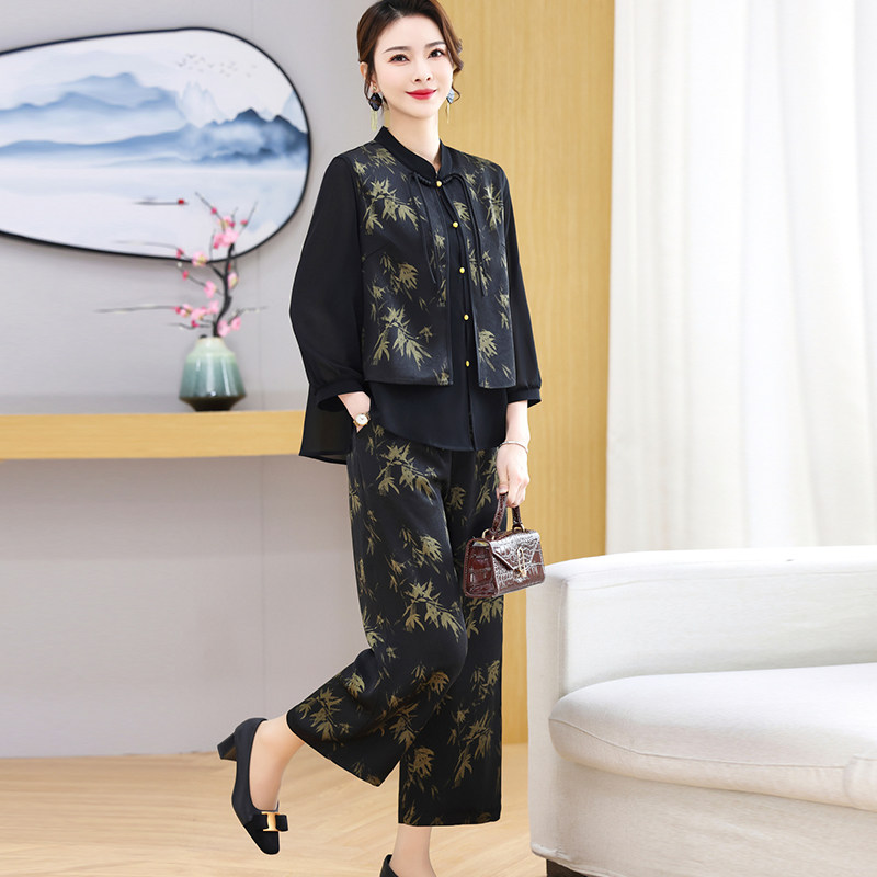 妈妈春夏套装2024新款贵夫人阔太太仿真丝香云纱上衣阔腿裤两件套