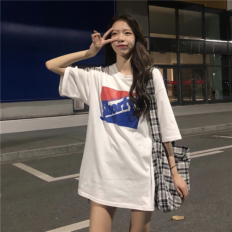 Real price photo ~ summer new loose and versatile letter color contrast printing round neck T-shirt