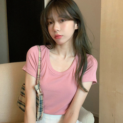 Real price real shot - Korean basic multi color thread elastic slim round neck short sleeve T-shirt