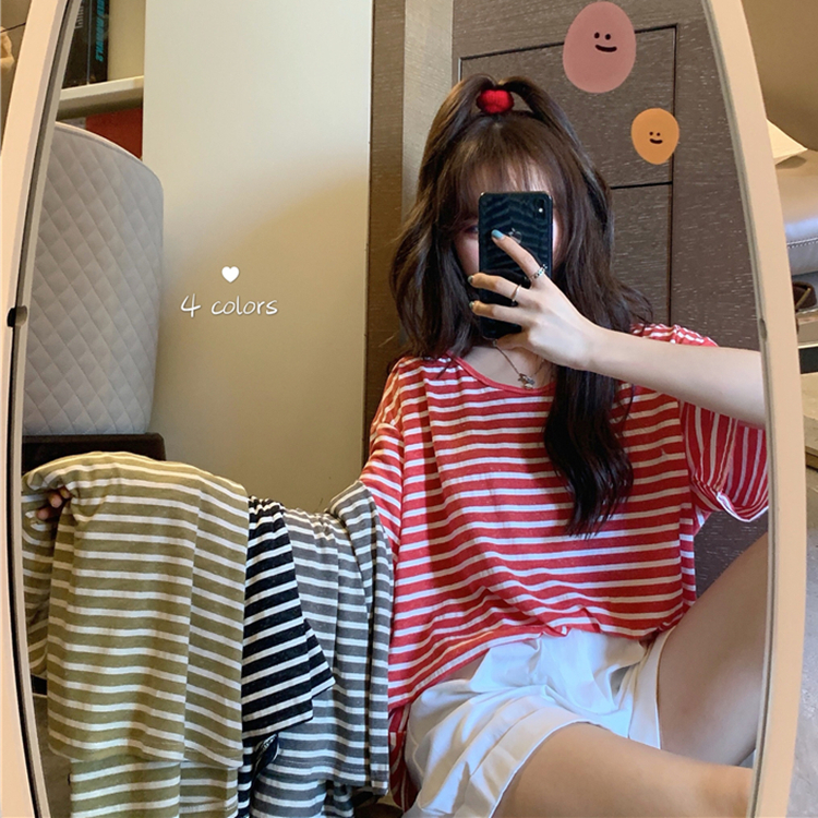 Real price real shot ~ summer new classic versatile stripe fashion loose round neck short sleeve top~