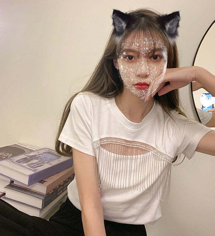 Real price real shot ~ versatile cut out sexy tassel round neck short sleeve T-shirt