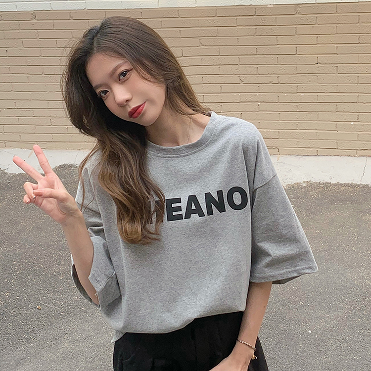 Real price real shot ~ Korean version simple temperament loose letter printing trend short sleeve T-shirt five colors in