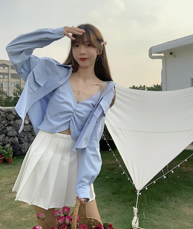 Real price real shooting ~ Korean versatile simple shirt coat + sexy design sling + slim pleated skirt