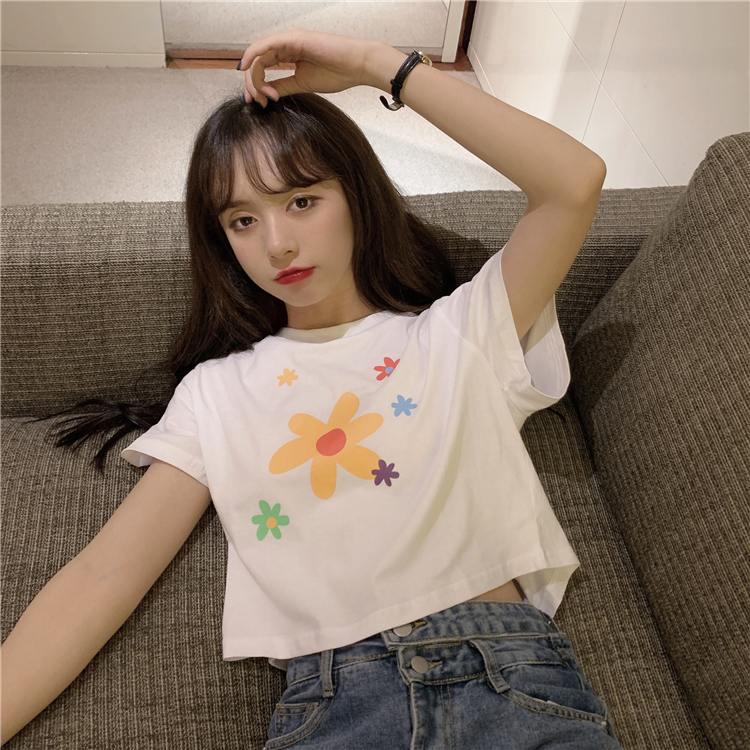Real price real shot ~ summer new simple flower print short round neck T-shirt