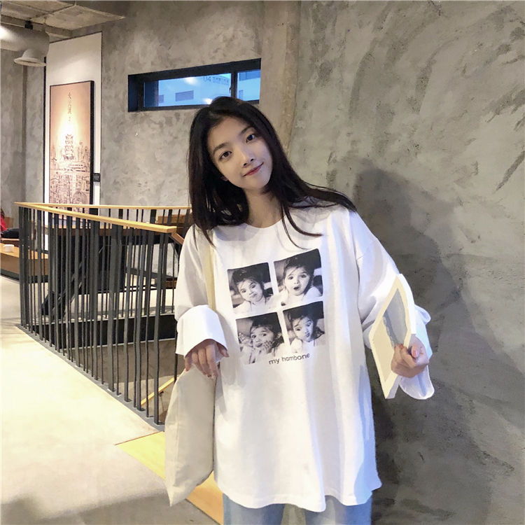 Real price real shot ~ loose and versatile thin print round neck long sleeve T-shirt