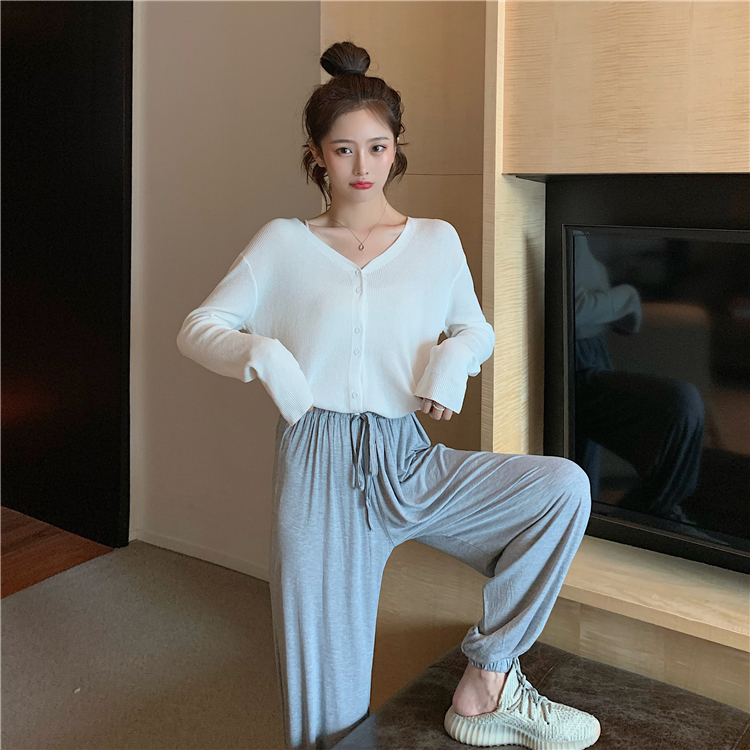 Real price real shooting - Summer Versatile Single breasted sun proof knitted cardigan + elastic waist casual pants suit