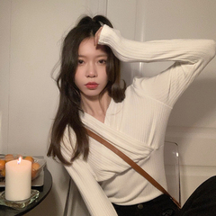 Real price real shot ~ new design in spring V-neck chest cross design waist long sleeve top