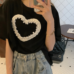 Real price real shooting ~ summer age reduction design feeling love heavy industry nail bead versatile cute round neck short sleeve T-shirt