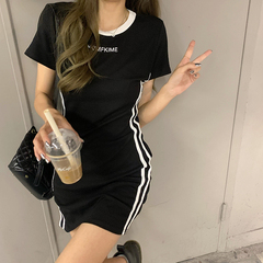 Real price real shot ~ Korean version slim and age reduced side stripe short sleeve T-shirt dress in summer