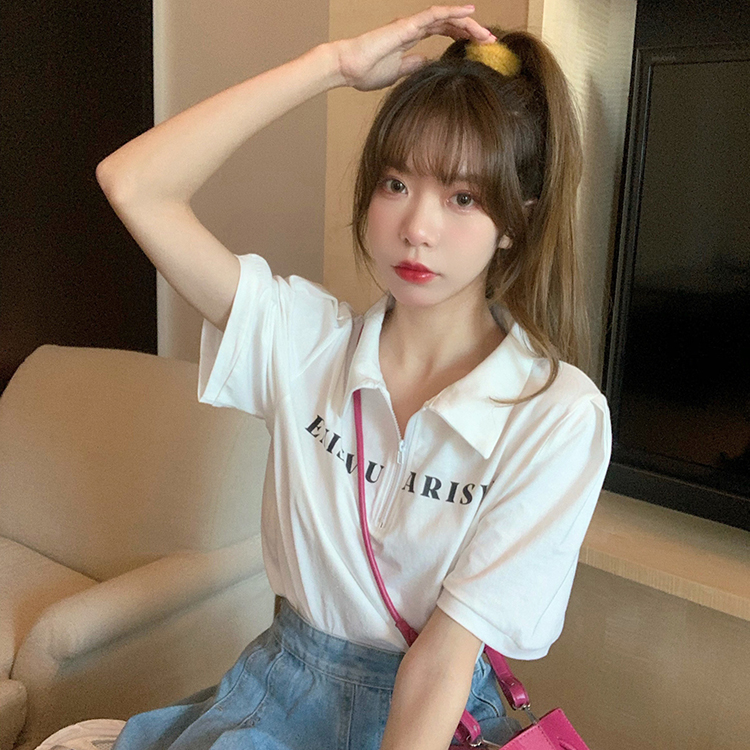#Real price real shot ~ Korean version age reduction versatile polo collar design letter college style top