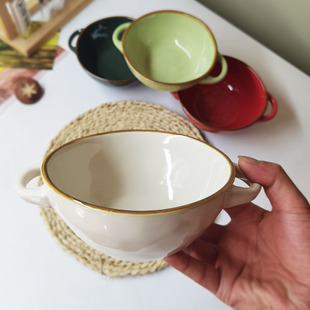 微瑕疵 陶瓷汤面碗好端拿沙拉碗 7.7英寸 简约凹凸异形双耳碗日式