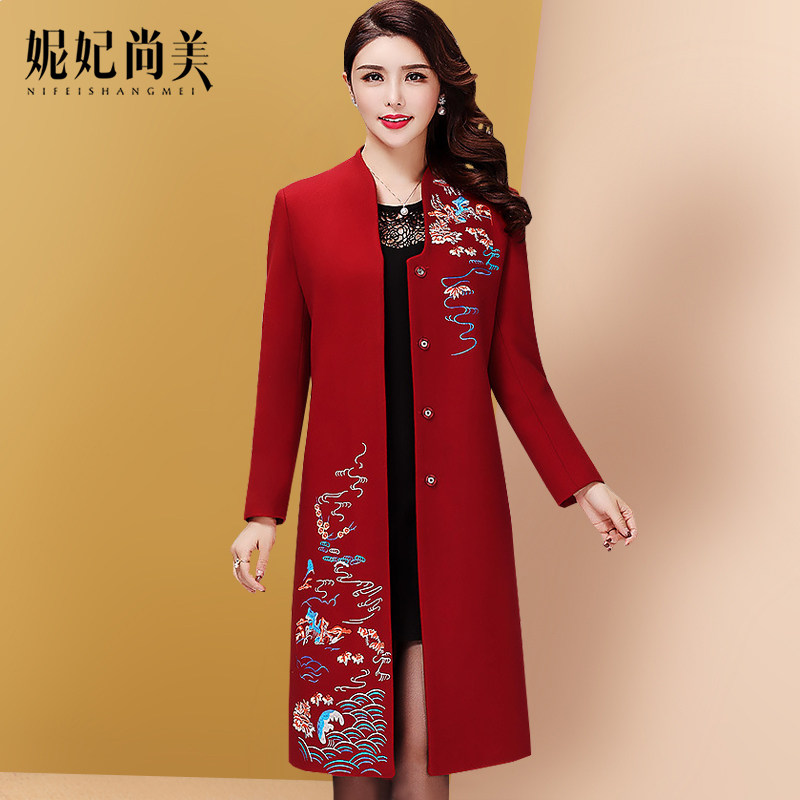 中年婚礼妈妈装外套秋冬中长款阔太太风衣中老年女装毛呢大衣高贵