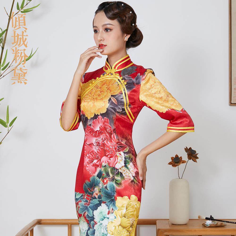 高档真丝改良新款复古中袖七分旗袍中长款中国风气质春秋高端礼物