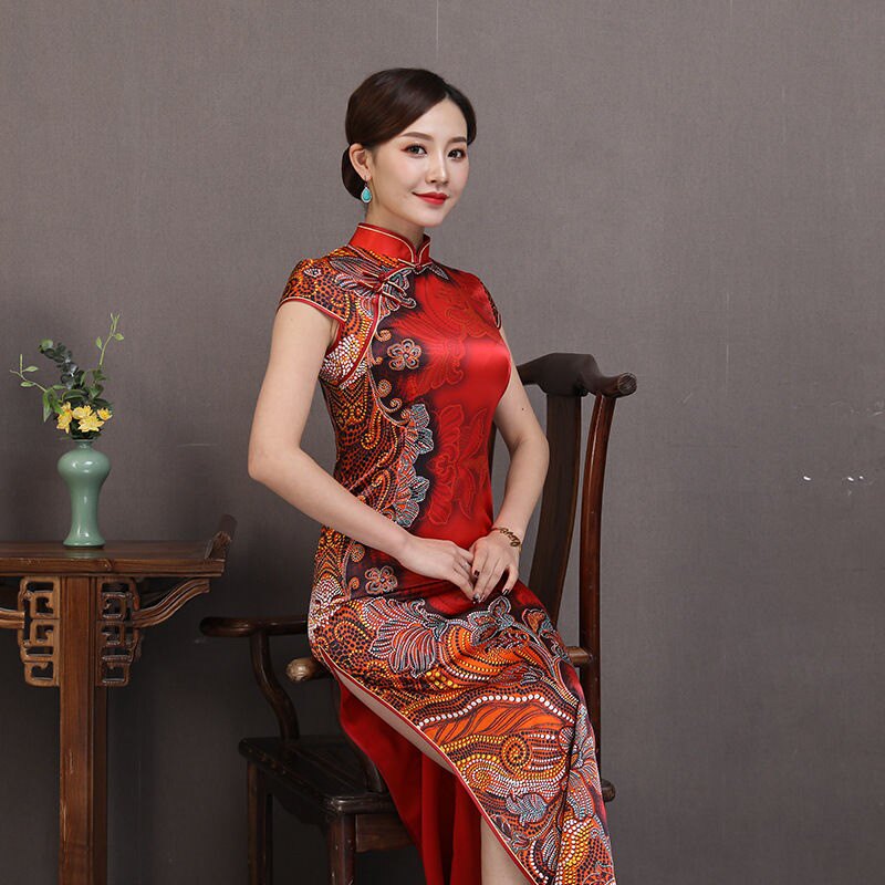 气质连衣裙真丝长复古修身日常婚礼演出活动礼服旗袍中年妈妈红色